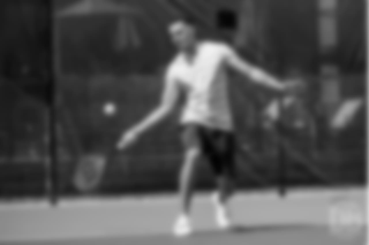 Safety Justin Simmons tries his hand at tennis as part of a video series from Broncos TV at Greenwood Athletic and Tennis Club on June 18, 2018.
