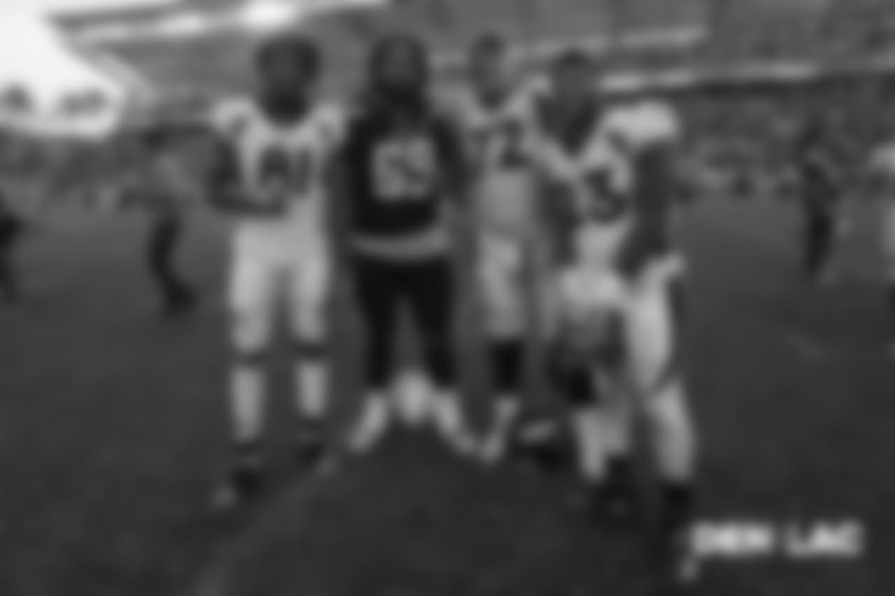 Tim Patrick, Chargers tackle Sam Tevi, Garett Bolles and Devontae Booker Ñ all Utah alumni Ñ postgame after the Broncos' Week 11 game against the Los Angeles Chargers at StubHub Center on November 18, 2018.