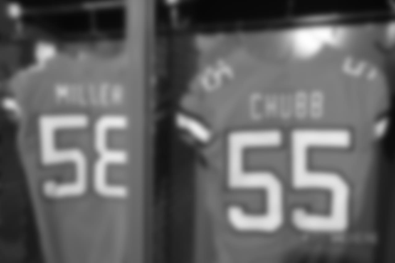 A close-up look at the Broncos' Color Rush jerseys during a photoshoot on November 20, 2018.