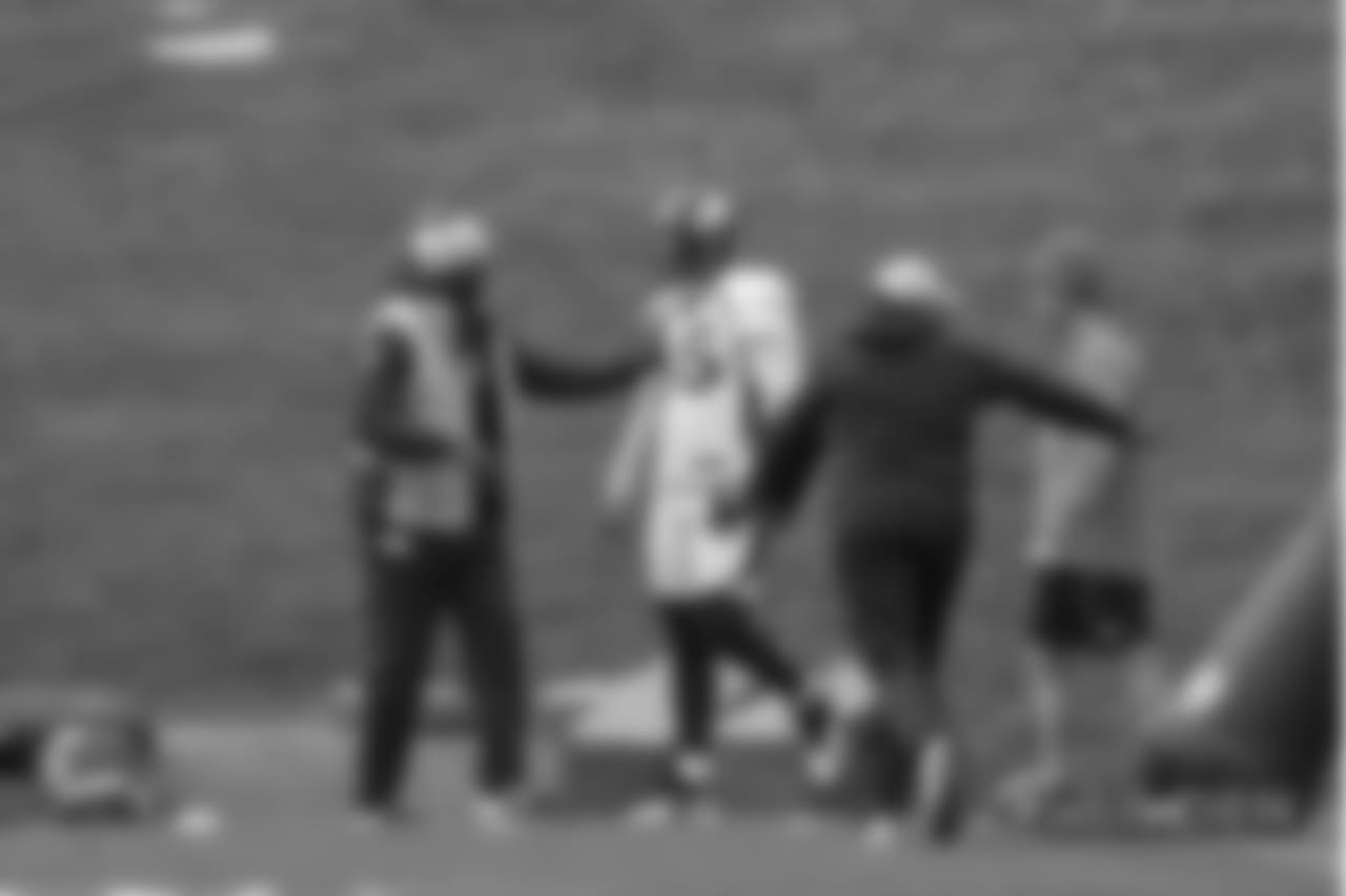 Pass Rush Consultant (and former outside linebacker) DeMarcus Ware and Bradley Chubb at practice at UCHealth Training Center on October 11, 2018.