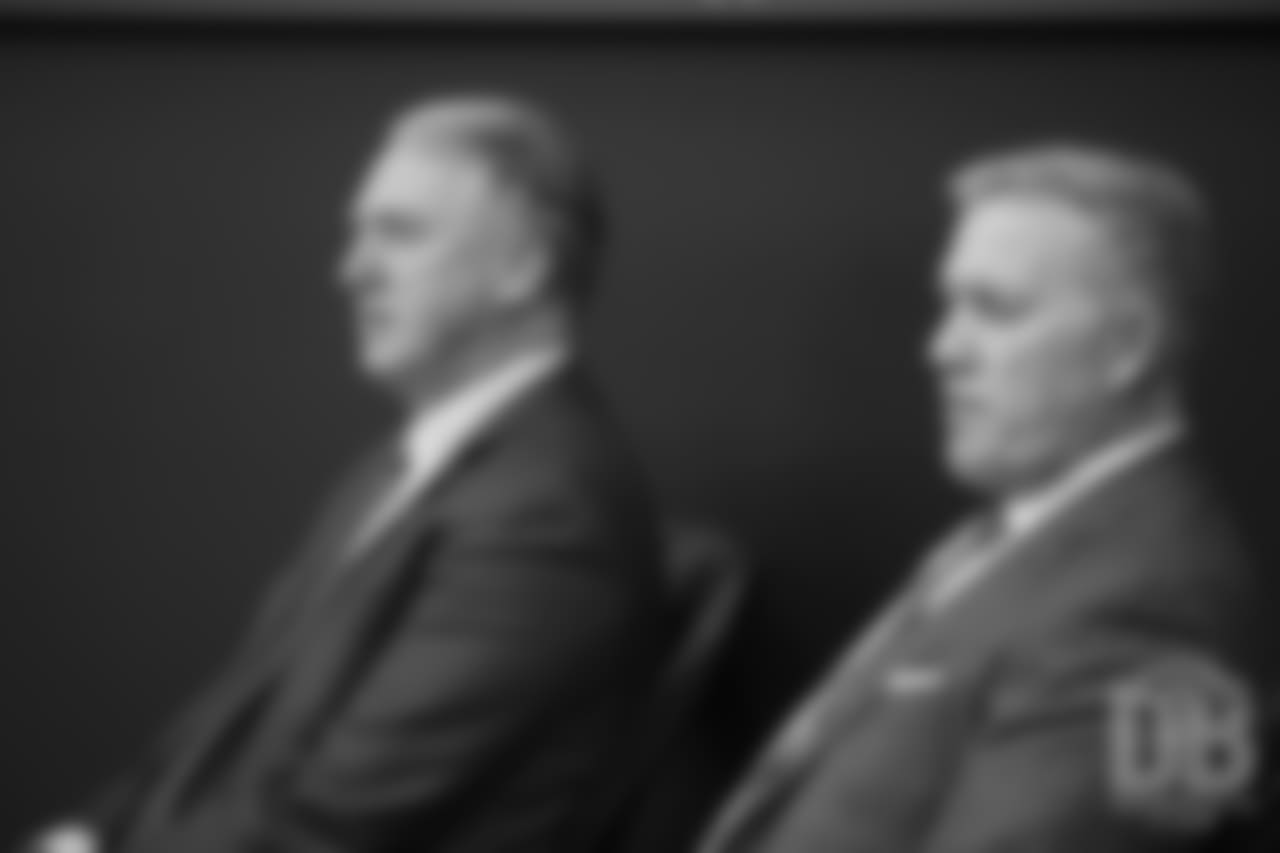 President and CEO Joe Ellis and President of Football Operations/General Manager John Elway listen as Head Coach Vic Fangio speaks at his introductory press conference on January 10, 2019.
Photo by Gabriel Christus