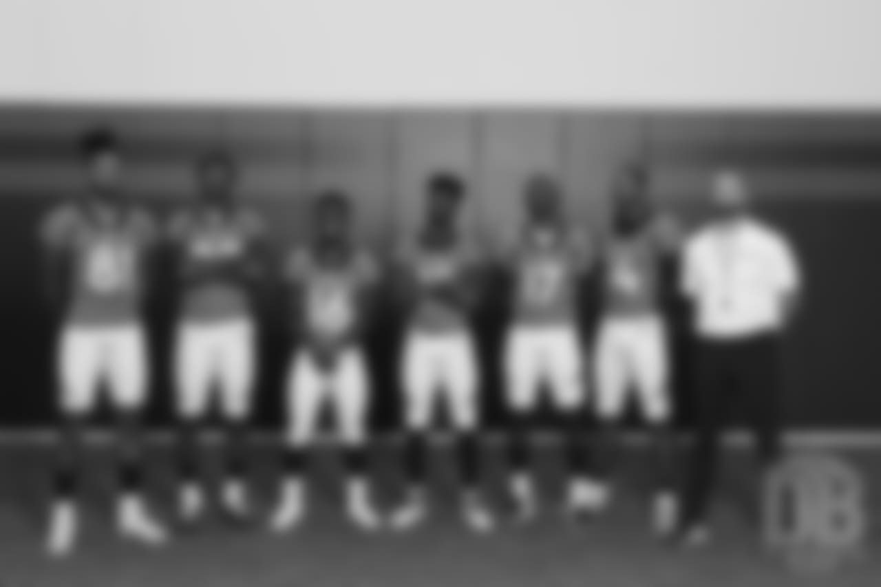 Wide receivers Tim Patrick, Demaryius Thomas, Isaiah McKenzie, Emmanuel Sanders, DaeSean Hamilton and Courtland Sutton and Wide Receivers Coach Zach Azzanni at team photo day at UCHealth Training Center on September 15, 2018.