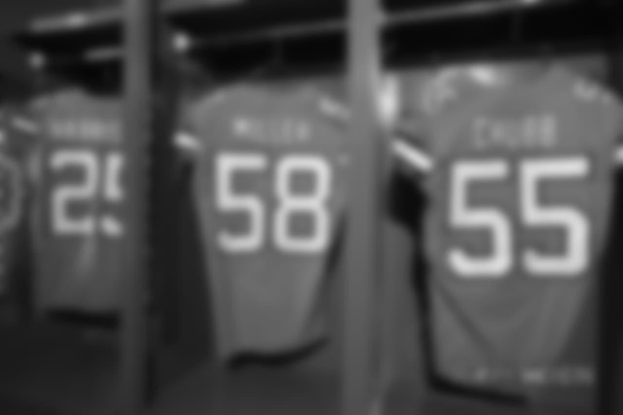 A close-up look at the Broncos' Color Rush jerseys during a photoshoot on November 20, 2018.