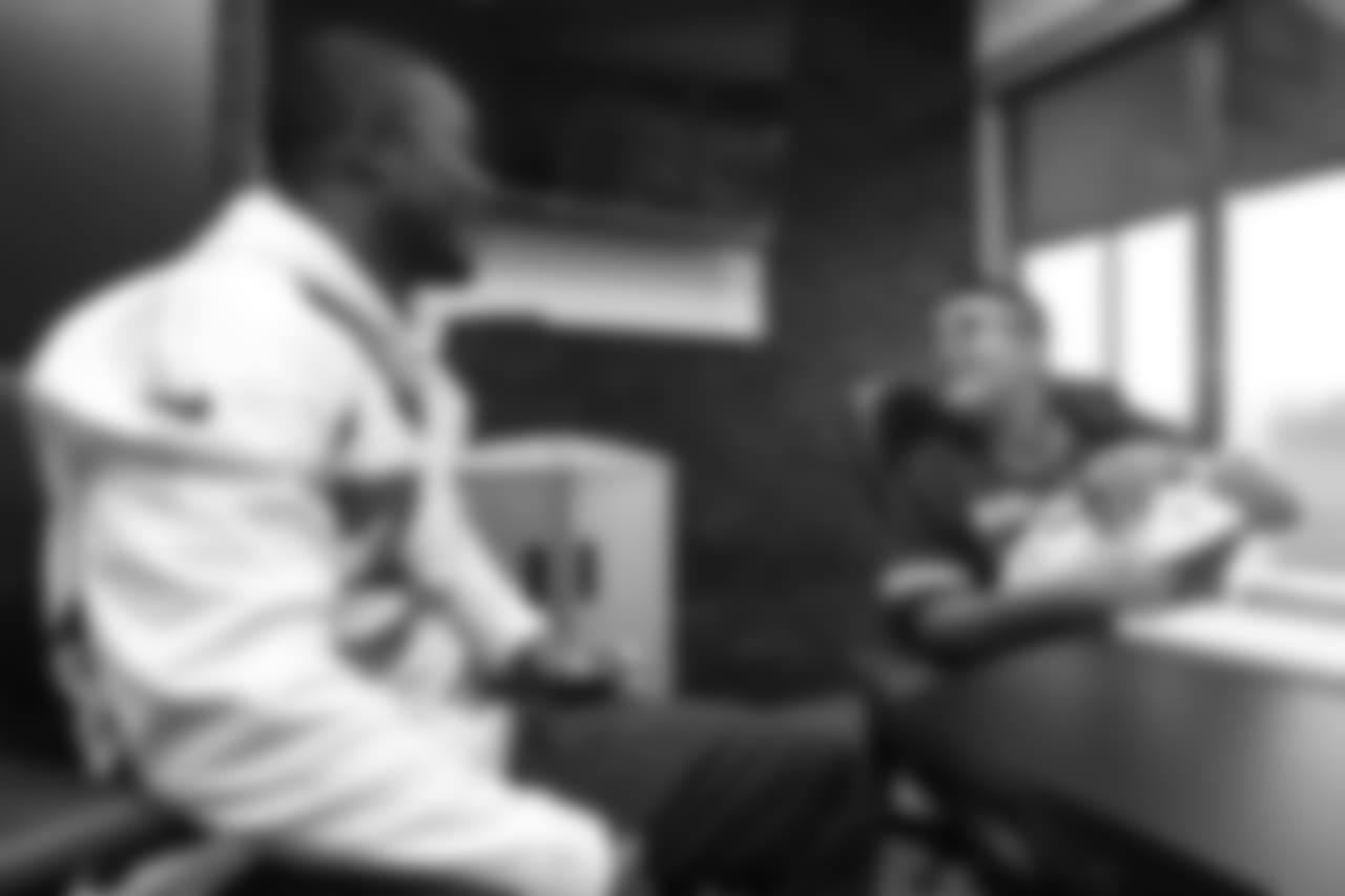 Will Parks meets Children's Hospital Colorado Junior Reporter Yovany for an interview after practice on October 10, 2018, at UCHealth Training Center.