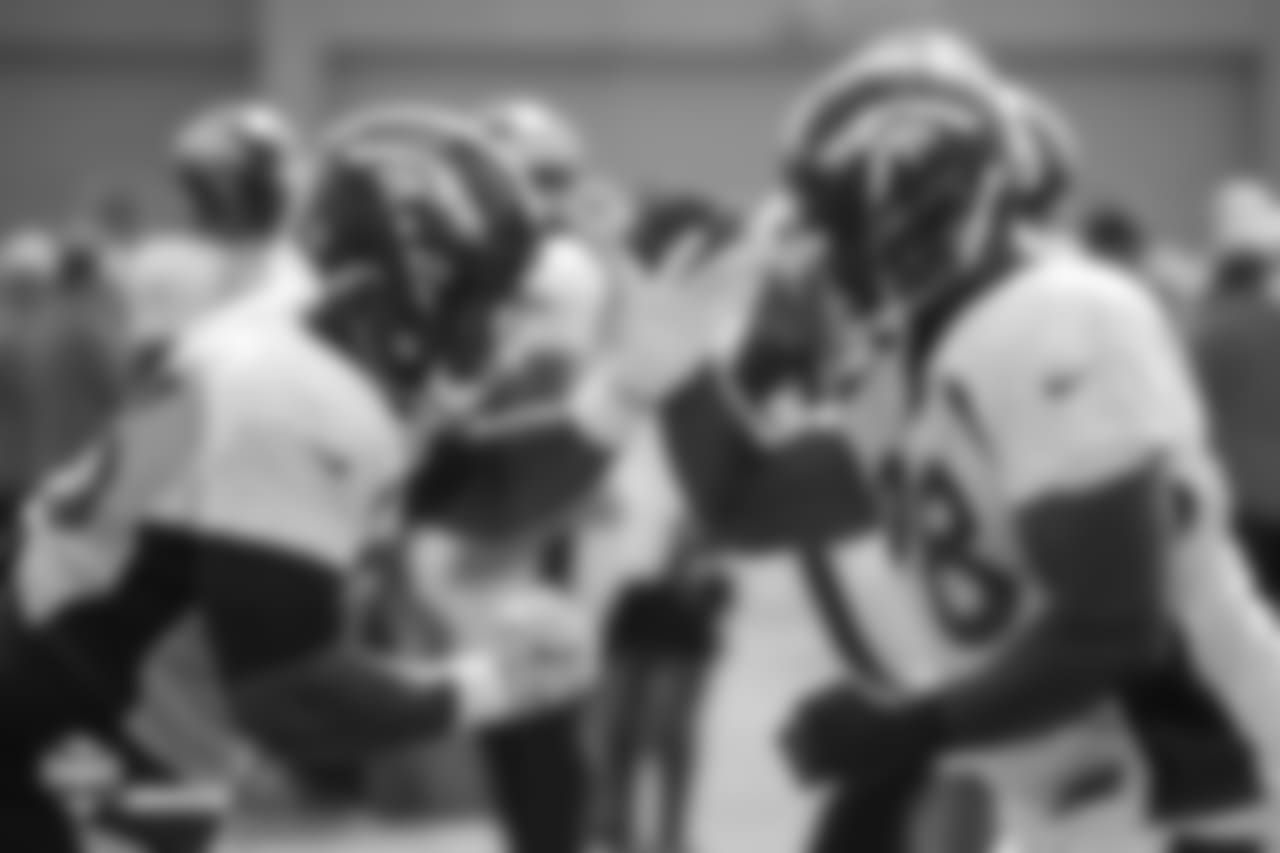 Defensive tackle DeShawn Williams (93) and defensive lineman Clinton McDonald (98) during the ninth day of training camp on August 7, 2018, at UCHealth Training Center.