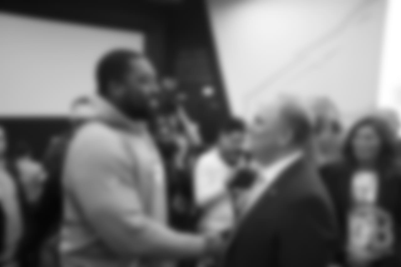 Shelby Harris greets Head Coach Vic Fangio after his introductory press conference on January 10, 2019.
Photo by Gabriel Christus