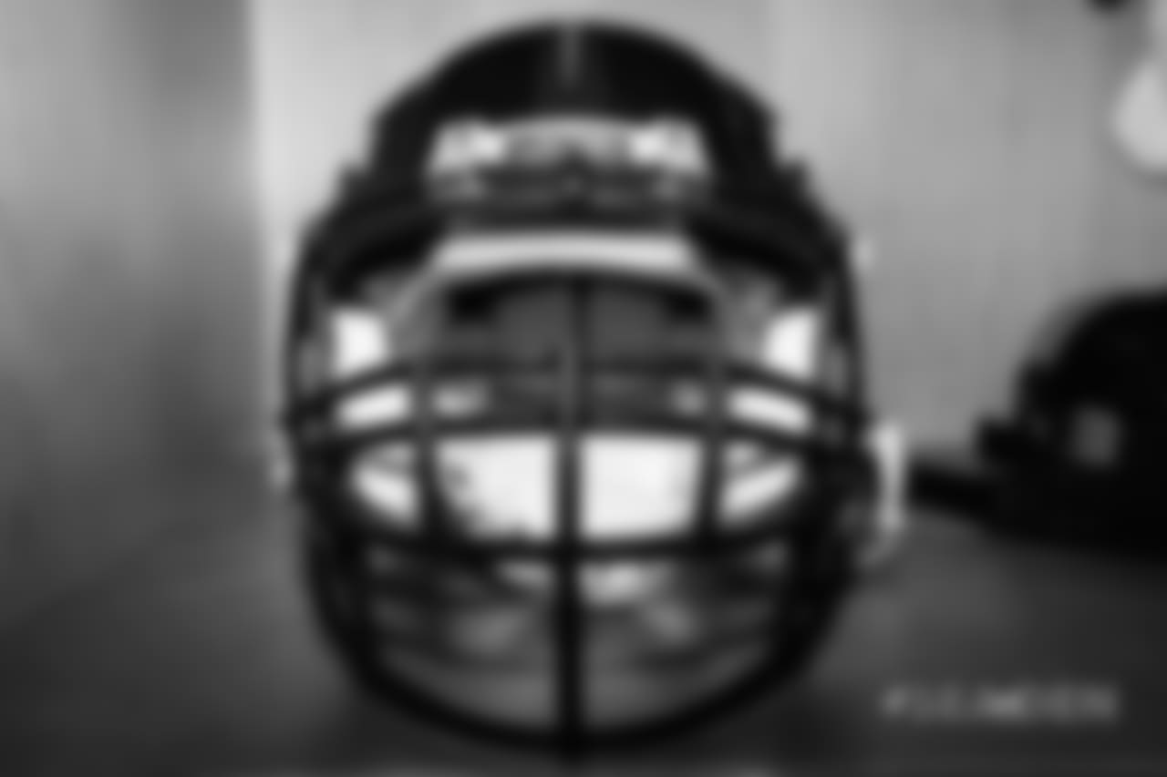 Ron Leary's helmet in the locker room pregame before the Broncos' Week 1 game against the Seattle Seahawks at Broncos Stadium at Mile High on September 9, 2018.