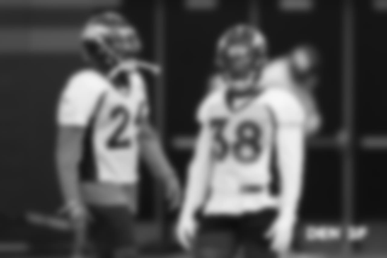 Darian Stewart and Shamarko Thomas during practice at UCHealth Training Center in Centennial, CO, December 06, 2018.
Photo by Gabriel Christus