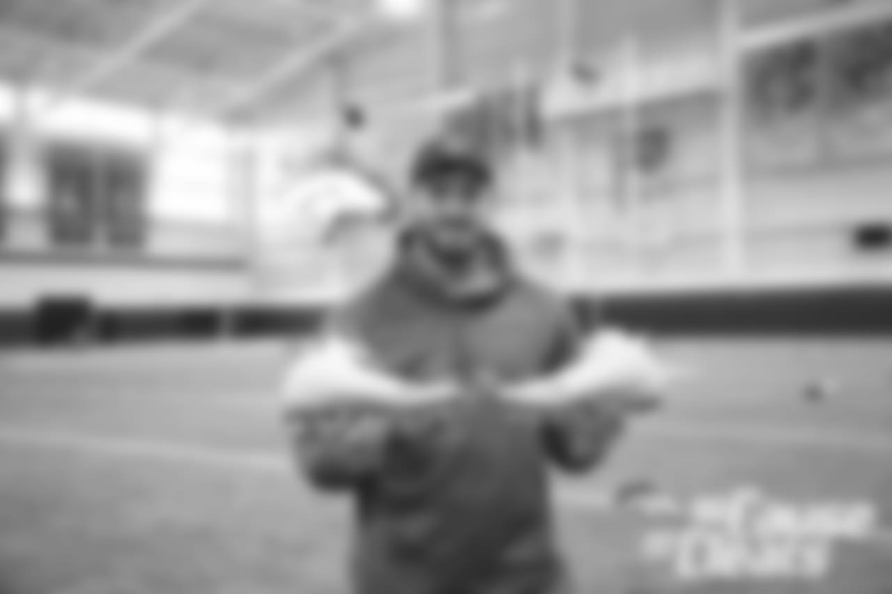 Josey Jewell shows off his custom cleats during the 2018 My Cause My Cleats unveiling for the players.