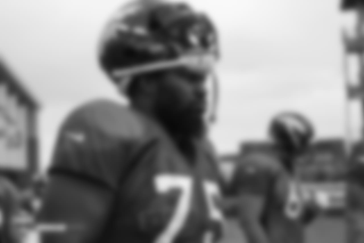 Tackle Menelik Watson (75) during the eighth day of training camp on August 5, 2018, at UCHealth Training Center.
