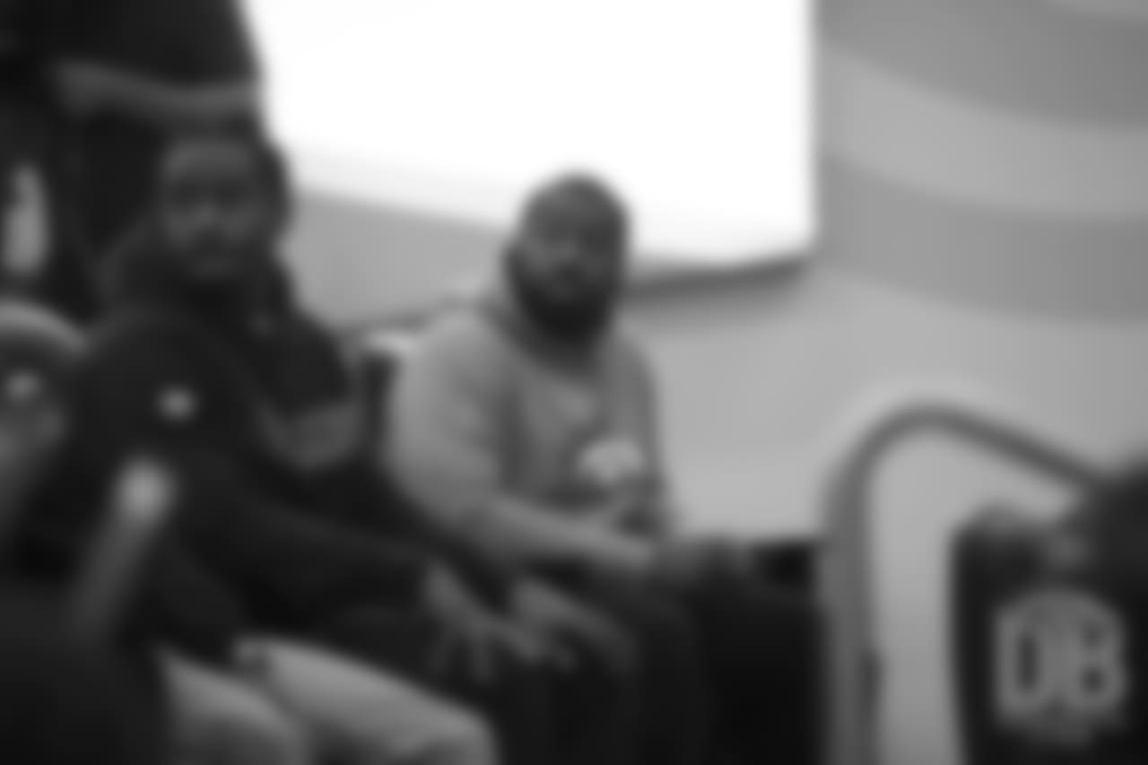 Inside linebacker Todd Davis and nose tackle Shelby Harris watch Head Coach Vic Fangio's introductory press conference on January 10, 2019.
Photo by Gabriel Christus