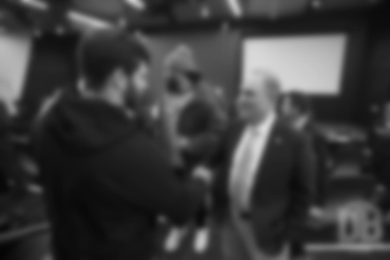 Josey Jewell greets Head Coach Vic Fangio after his introductory press conference on January 10, 2019.
Photo by Gabriel Christus
