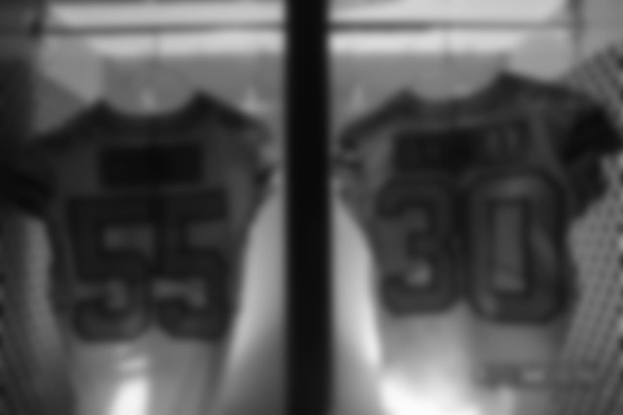 A close-up look at the Broncos' Color Rush jerseys during a photoshoot on November 20, 2018.