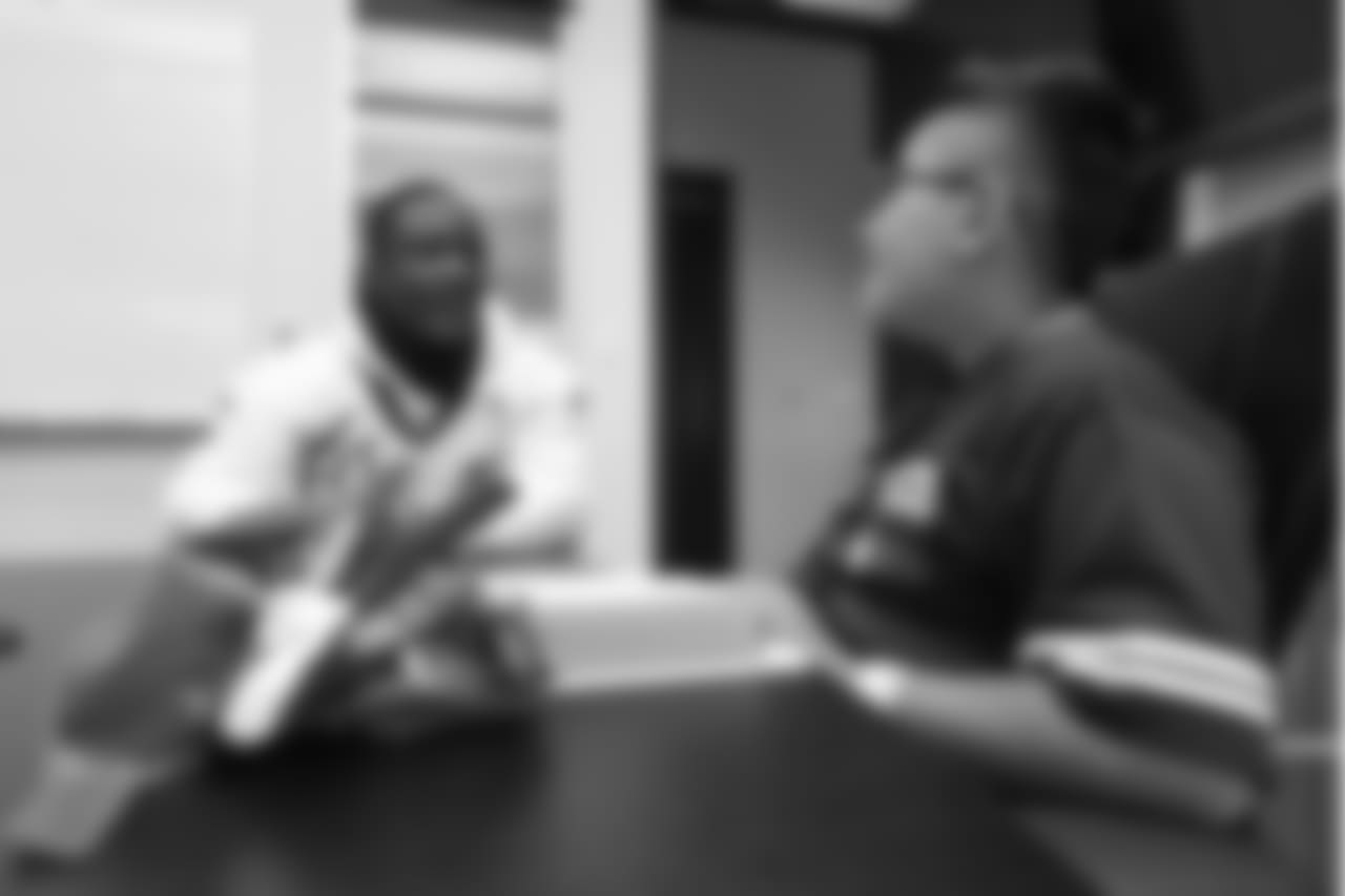 Will Parks meets Children's Hospital Colorado Junior Reporter Yovany for an interview after practice on October 10, 2018, at UCHealth Training Center.