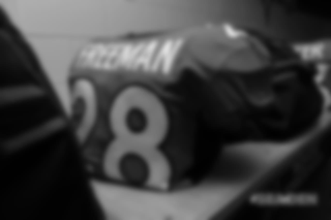 Royce Freeman's jersey in the locker room pregame before the Broncos' Week 1 game against the Seattle Seahawks at Broncos Stadium at Mile High on September 9, 2018.