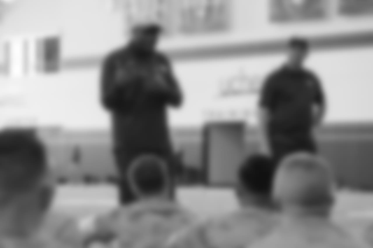 At USAA's Salute to Service NFL Boot Camp in the Pat Bowlen Fieldhouse at UCHealth Training Center on August 21, 2018. Fifty-five active duty military members took part in the physical challenges and then proceeded to watch practice and meet players afterward.