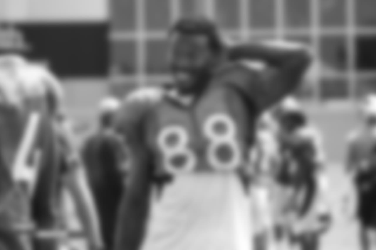 Wide receiver Demaryius Thomas (88) smiles during the ninth day of training camp on August 7, 2018, at UCHealth Training Center.