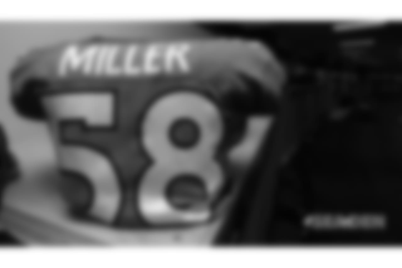 Von Miller's jersey in the locker room pregame before the Broncos' Week 1 game against the Seattle Seahawks at Broncos Stadium at Mile High on September 9, 2018.