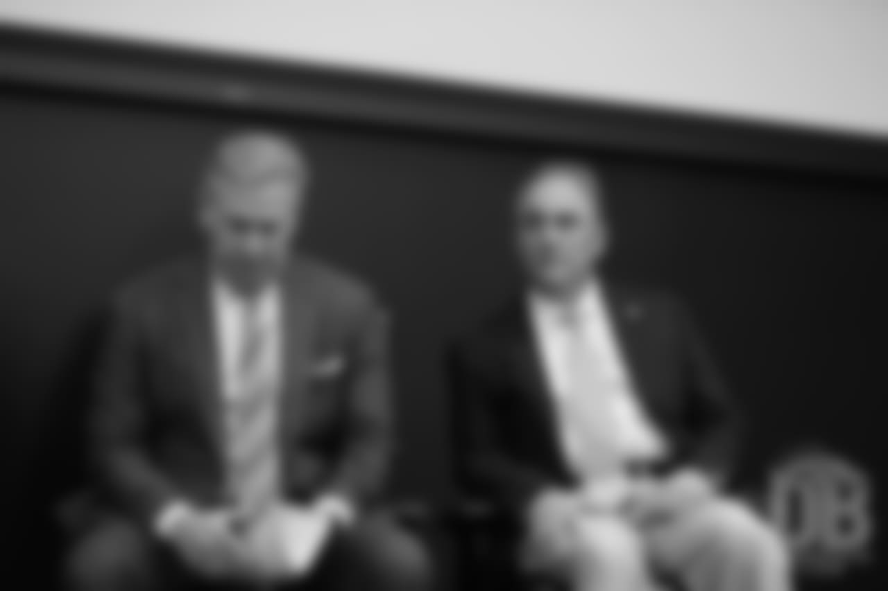 Head Coach Vic Fangio sits with President of Football Operations/General Manager John Elway at his introductory press conference in the team meeting room at UCHealth Training Center after being hired by the Broncos on January 10, 2019.
Photo by Gabriel Christus