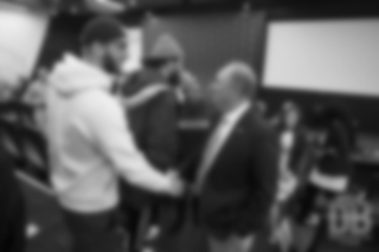 Jake Butt greets Head Coach Vic Fangio after his introductory press conference on January 10, 2019.
Photo by Gabriel Christus