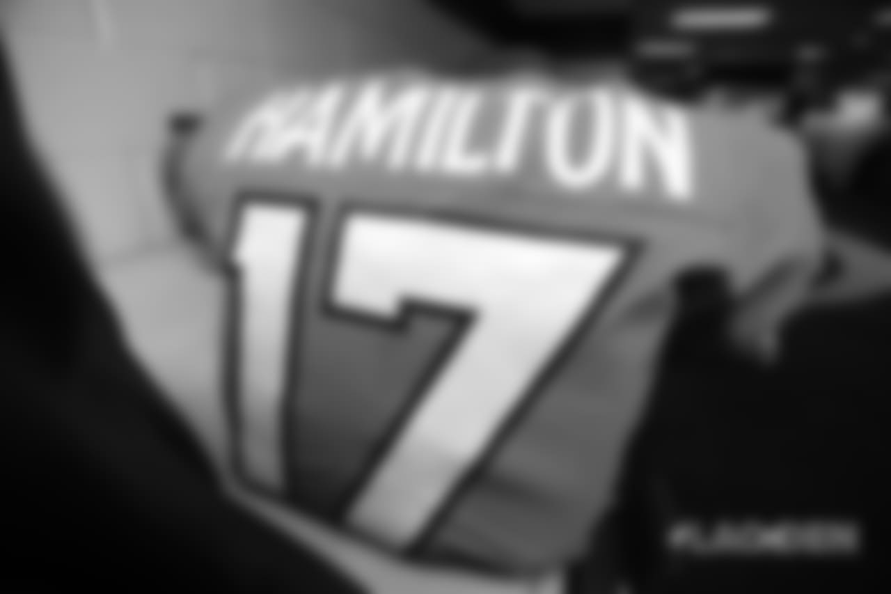 DaeSean Hamilton's jersey in the locker room before the Broncos' Week 17 game against the Los Angeles Chargers at Broncos Stadium at Mile High on December 30, 2018.