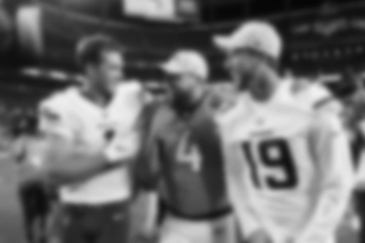 Former Bronco Kyle Sloter, quarterback Case Keenum (4) and Vikings WR Adam Thielen during the NFL preseason game against the Minnesota Vikings at Broncos Stadium at Mile High in Denver, Colorado, August 11, 2018.
Photo by Gabriel Christus