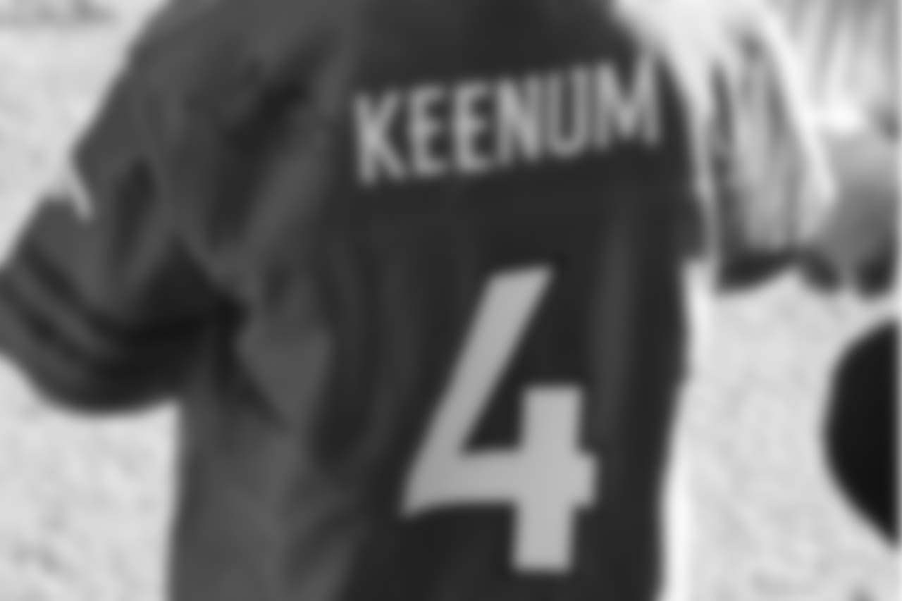 A Connor McGovern-signed Case Keenum jersey during the Denver Rescue Mission's Thanksgiving Turkey in a Box distribution on Nov. 20, 2018