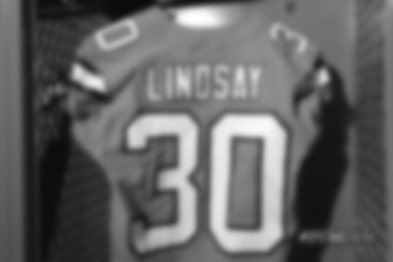 A close-up look at the Broncos' Color Rush jerseys during a photoshoot on November 20, 2018.