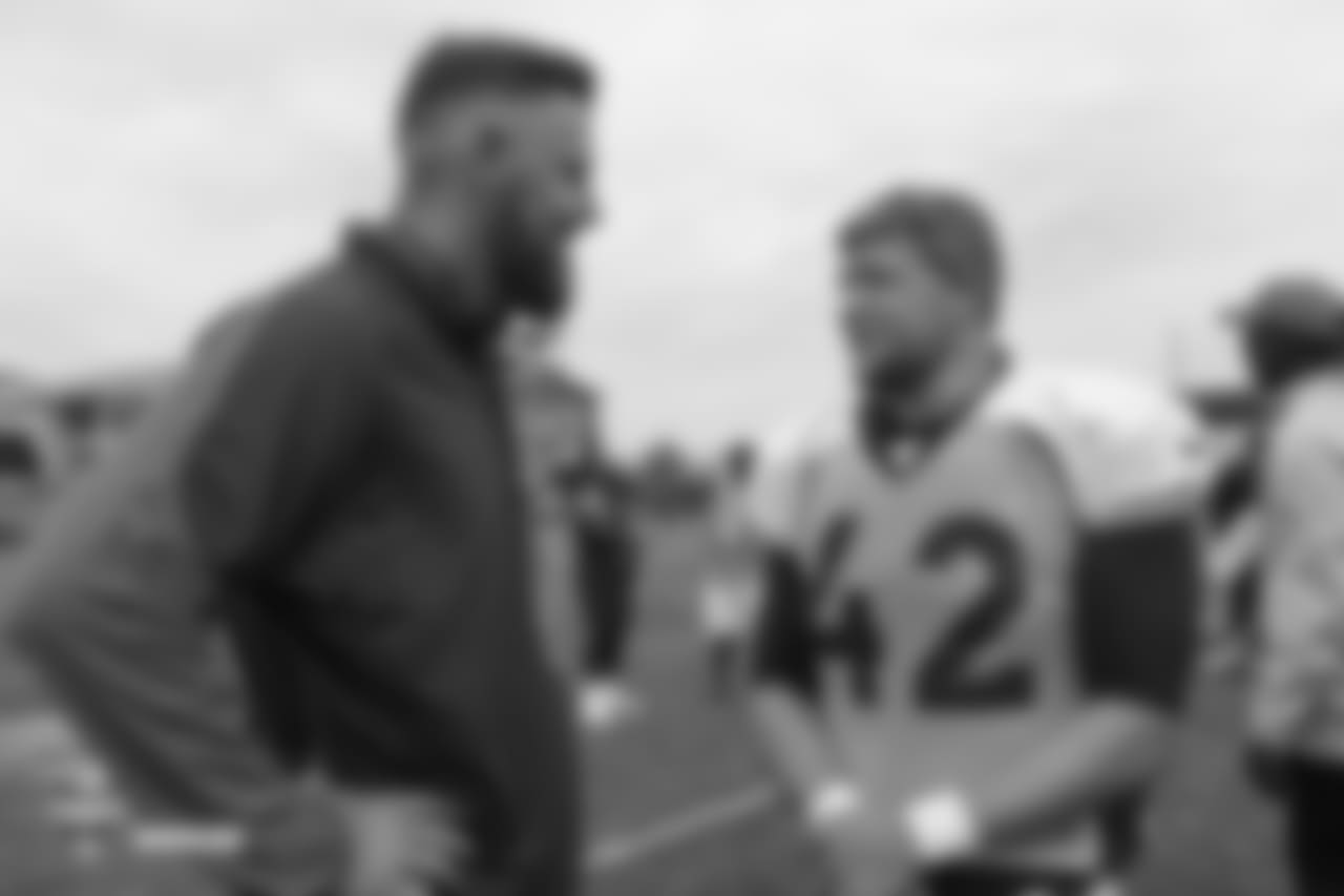 Former Broncos tackle Tyler Polumbus and long snapper Casey Kreiter (42) during the 10th day of training camp on August 8, 2018, at UCHealth Training Center.