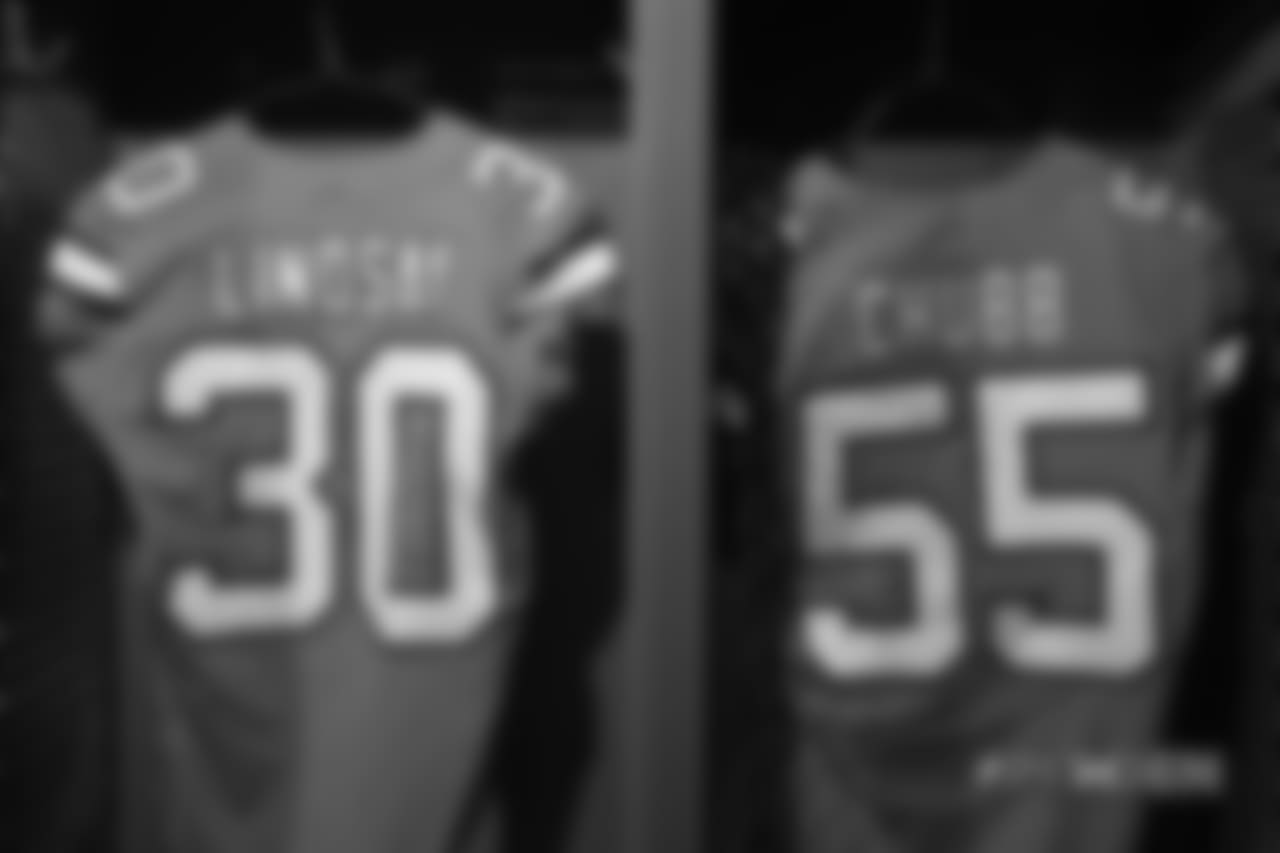 A close-up look at the Broncos' Color Rush jerseys during a photoshoot on November 20, 2018.