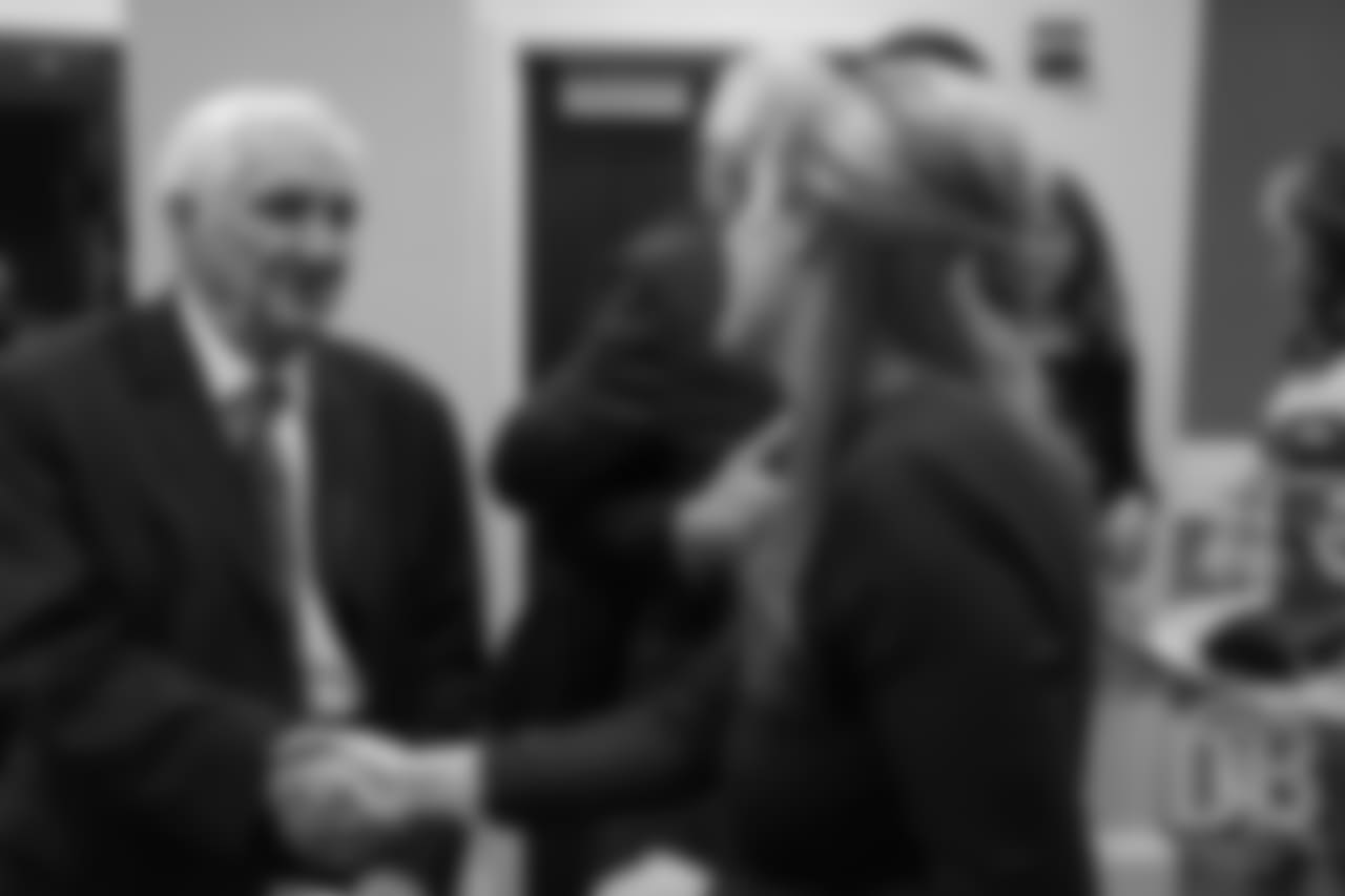 Brittany Bowlen greets Gil Brandt after the announcement of the Pro Football Hall of Fame's Class of 2019 on February 2, 2019.