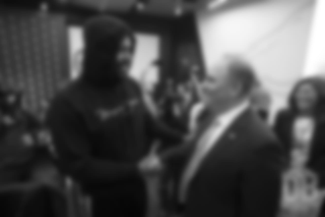 Von Miller greets Head Coach Vic Fangio after his introductory press conference on January 10, 2019.
Photo by Gabriel Christus