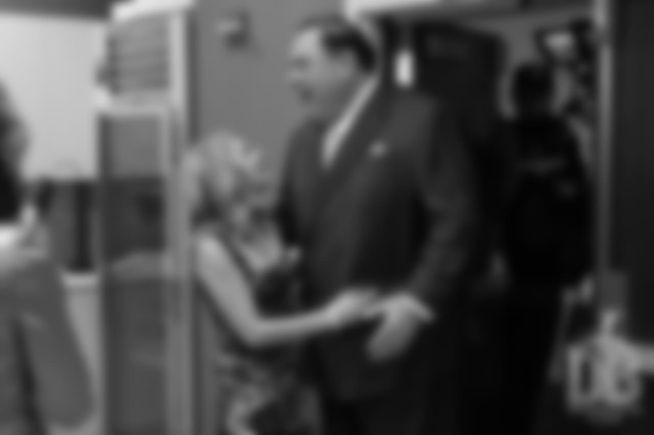 Christiana Bowlen hugs David Baker after he gave the news that Pat Bowlen was elected for enshrinement in the Pro Football Hall of Fame's Class of 2019 on February 2, 2019.