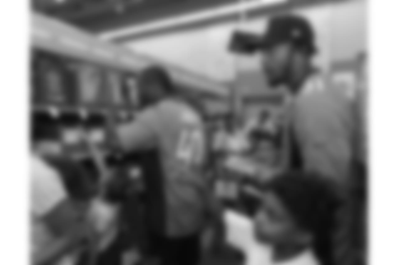 Inside linebacker Keishawn Bierria (40) and wide receiver Tim Patrick (81) at the 2018 Back to School with the Broncos shopping spree on July 23, 2018. Each student received $100 for school supplies.