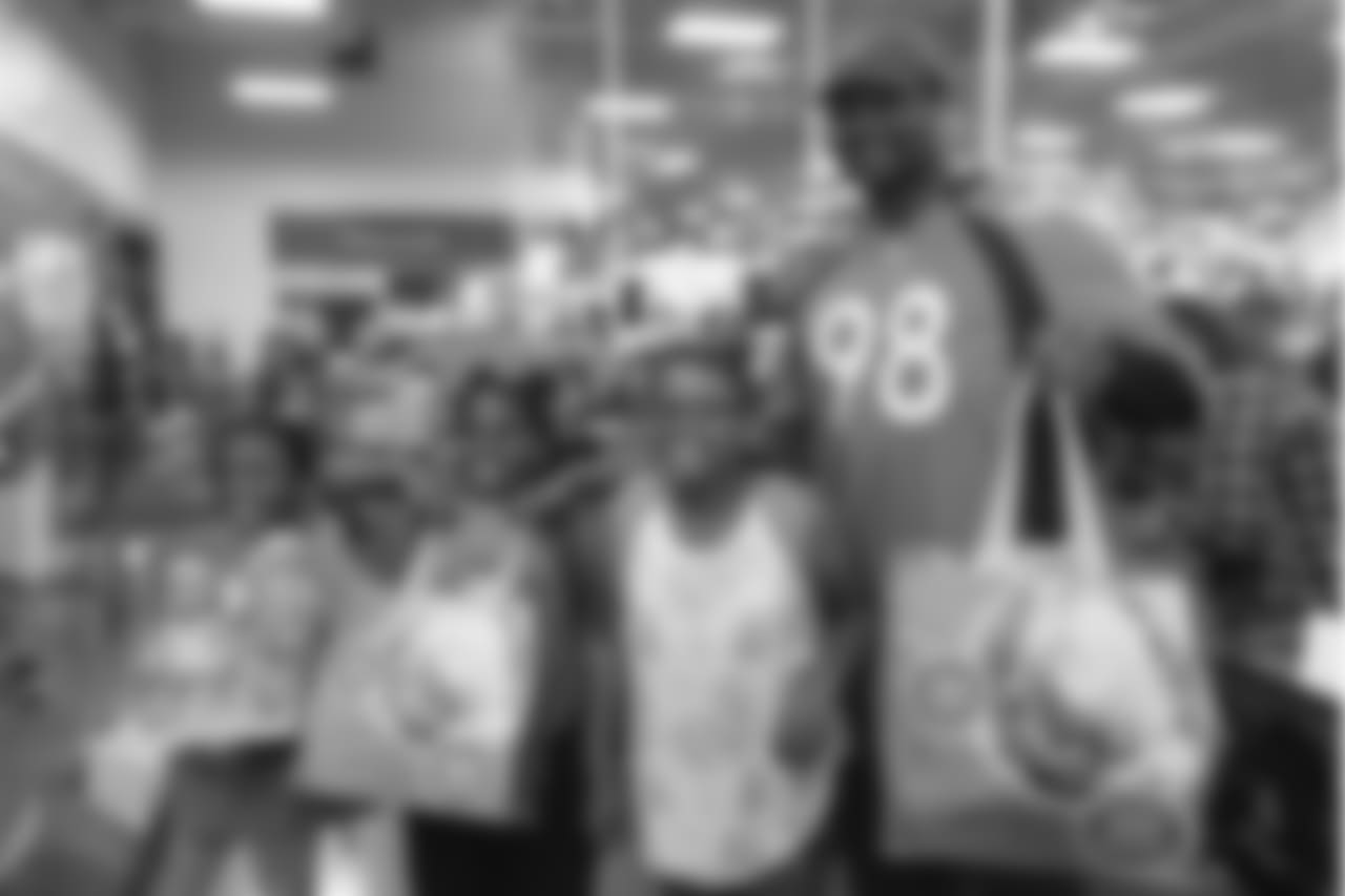 Defensive lineman Clinton McDonald (98) at the 2018 Back to School with the Broncos shopping spree on July 23, 2018. Each student received $100 for school supplies.