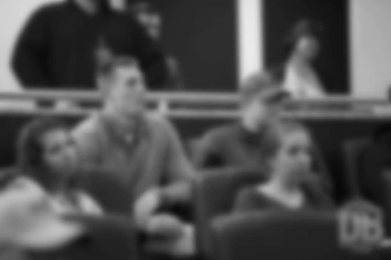 Tight end Jeff Heuerman and long snapper Casey Kreiter listen as Head Coach Vic Fangio speaks at his introductory press conference on January 10, 2019.
Photo by Gabriel Christus