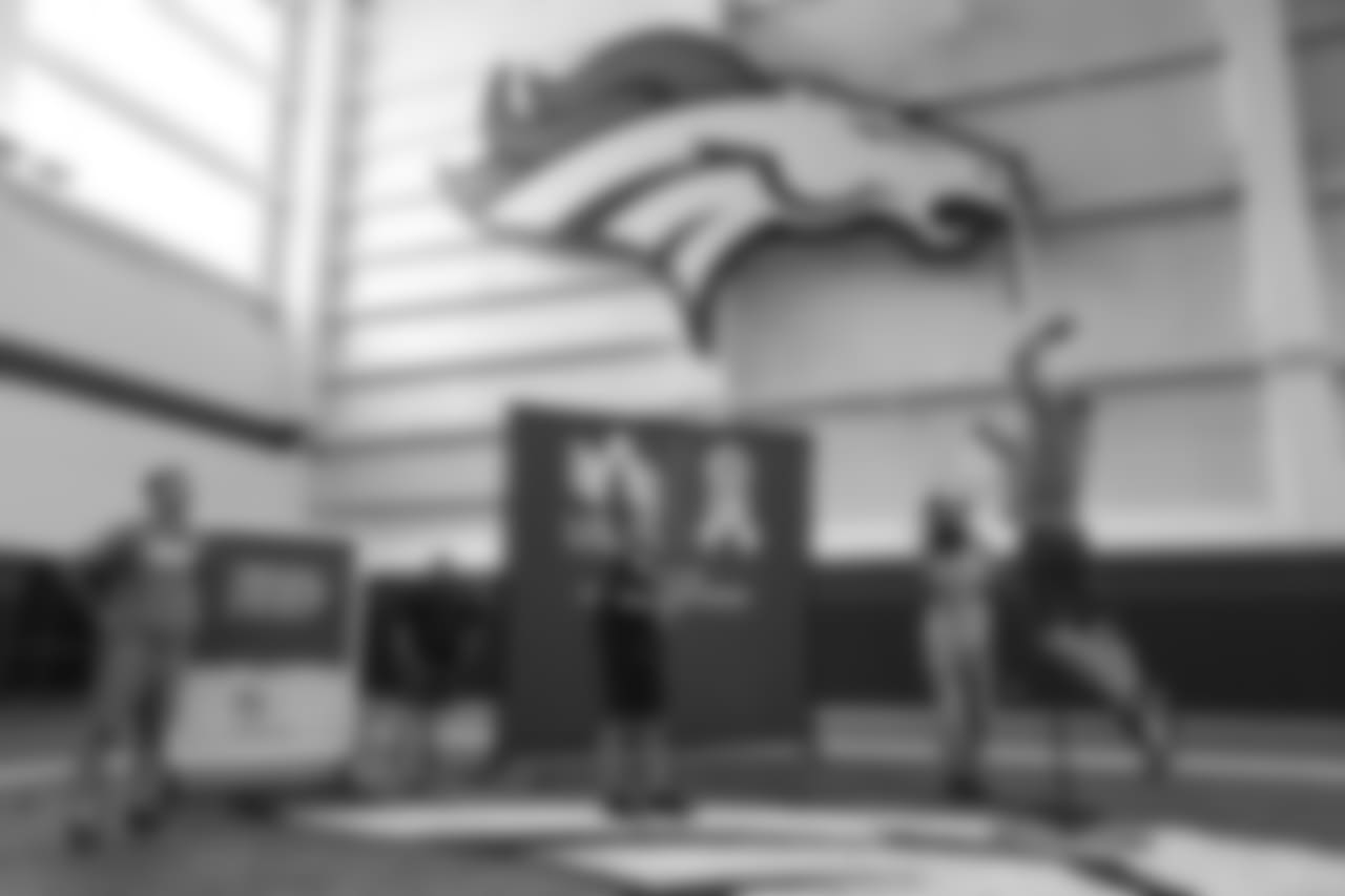 At USAA's Salute to Service NFL Boot Camp in the Pat Bowlen Fieldhouse at UCHealth Training Center on August 21, 2018. Fifty-five active duty military members took part in the physical challenges and then proceeded to watch practice and meet players afterward.