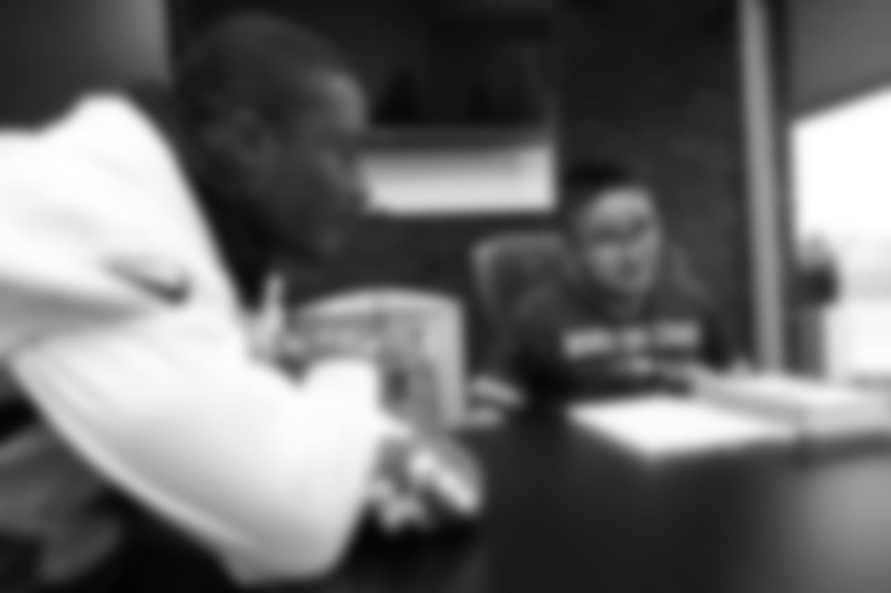 Will Parks meets Children's Hospital Colorado Junior Reporter Yovany for an interview after practice on October 10, 2018, at UCHealth Training Center.