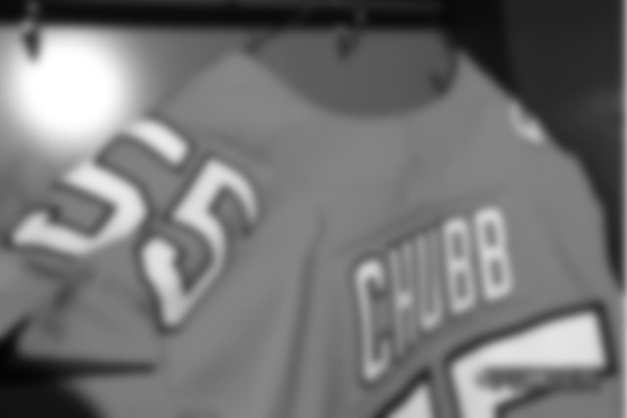 A close-up look at the Broncos' Color Rush jerseys during a photoshoot on November 20, 2018.