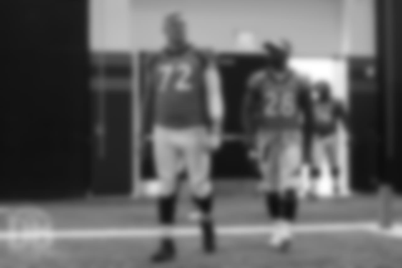 Garett Bolles and Royce Freeman at team photo day at UCHealth Training Center on September 15, 2018.