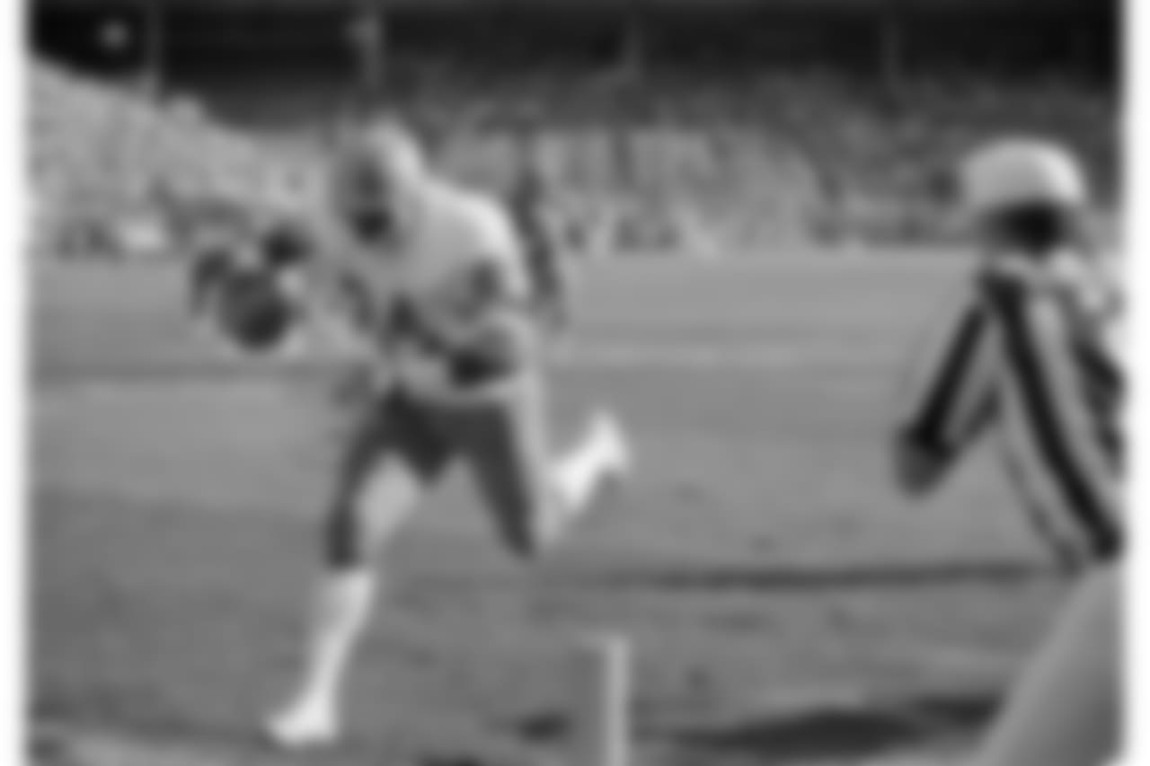 Otis Armstrong dashes into the end zone all alone to score a touchdown in a game against the San Francisco 49ers in San Francisco on Nov. 18, 1979. It was a 12-yard touchdown pass from quarterback Craig Morton.