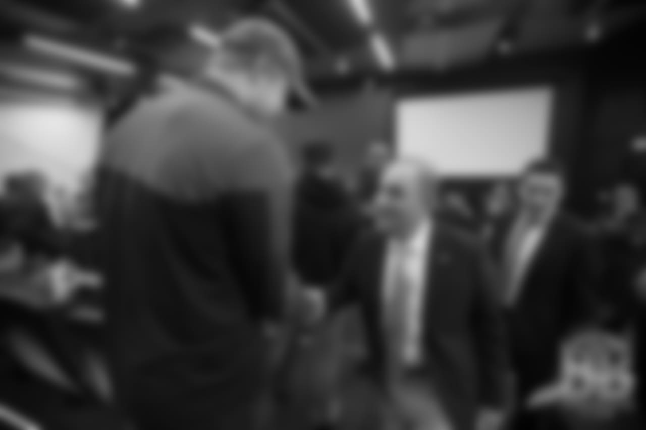 Casey Kreiter greets Head Coach Vic Fangio after his introductory press conference on January 10, 2019.
Photo by Gabriel Christus