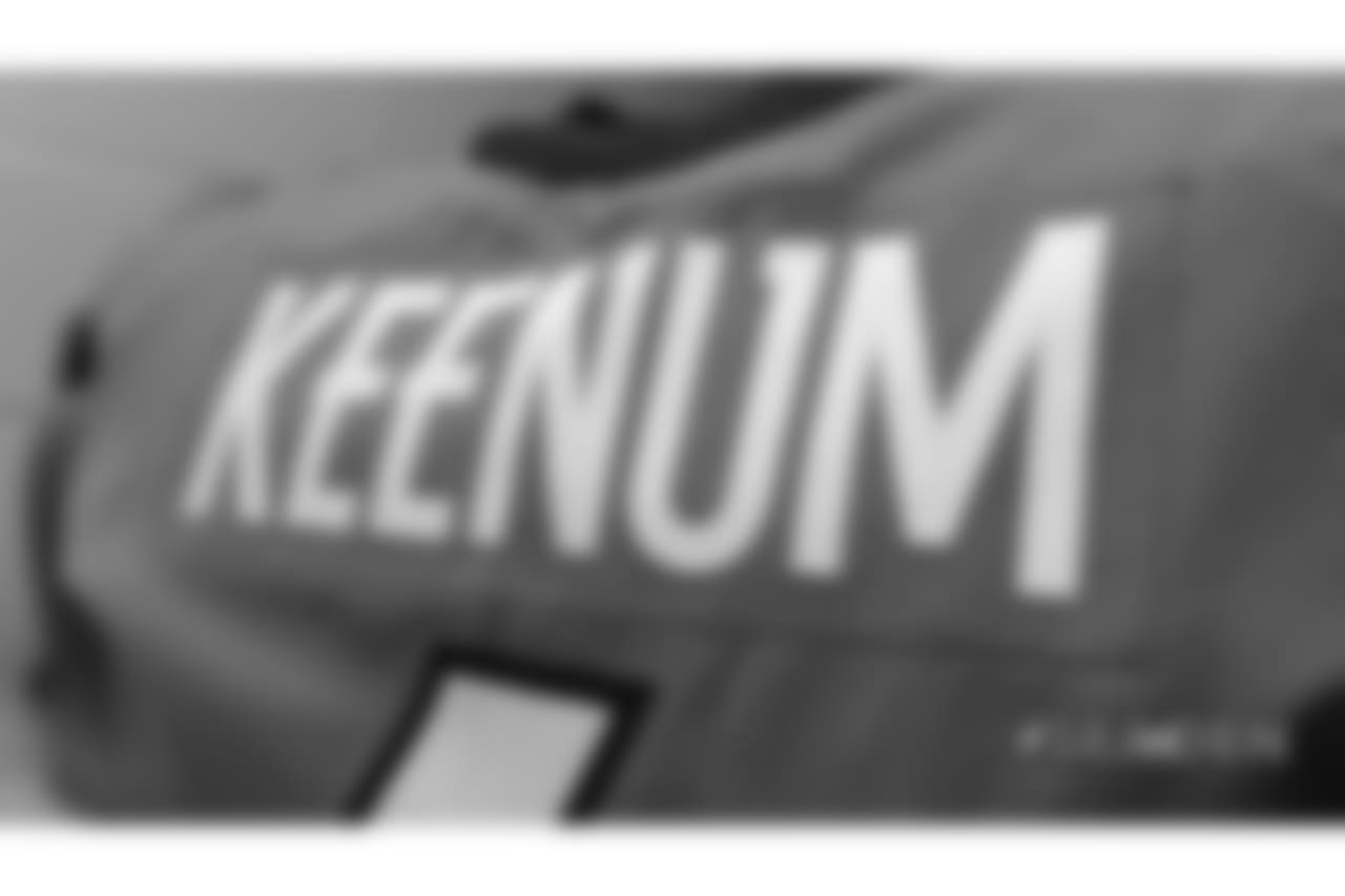 Case Keenum's jersey in the locker room pregame before the Broncos' Week 1 game against the Seattle Seahawks at Broncos Stadium at Mile High on September 9, 2018.