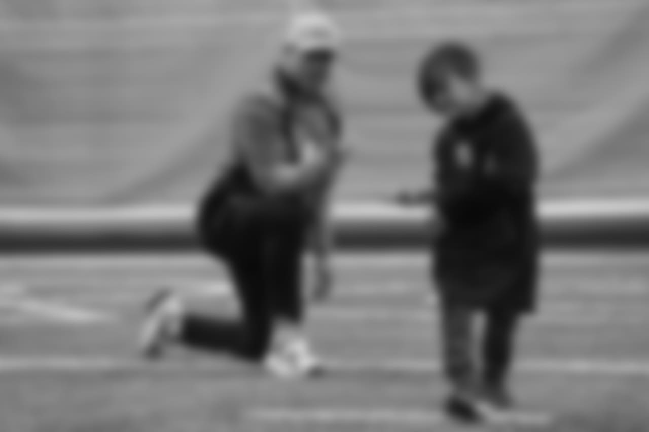 Case Keenum points at a young boy after his field-goal attempt during a Salute to Service-themed PLAY 60 clinic for children from military families in the Pat Bowlen Fieldhouse at UCHealth Training Center on November 13, 2018.