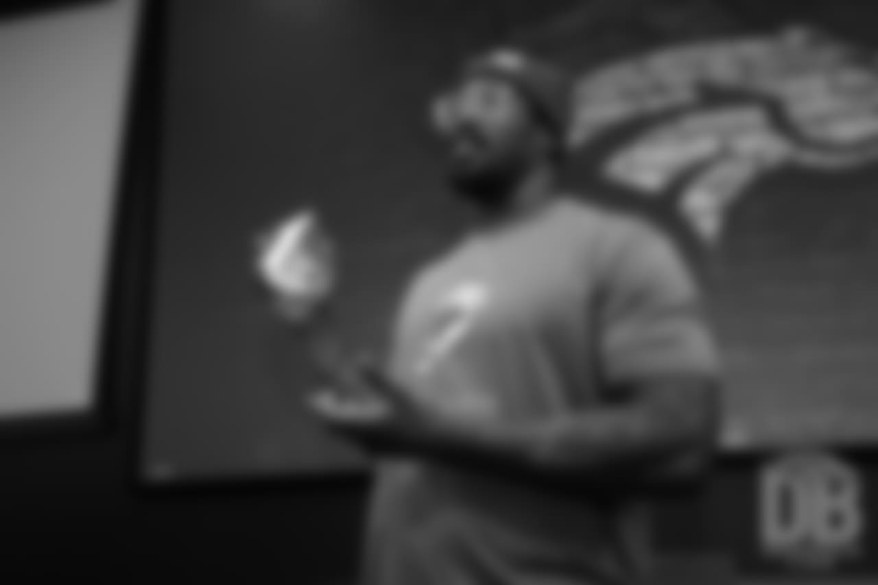 during the Broncos' 2018 community awards announcement ceremony during a team meeting on December 6, 2018.