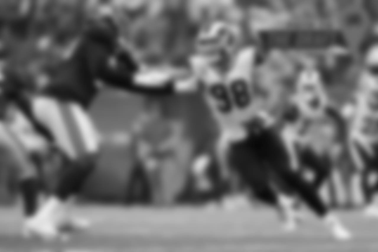 At 31, Barwin isn't the pass-rushing threat he was four years ago, posting five sacks in each of the last two seasons -- one each with the Eagles and Rams. Barwin can hold his own in pass coverage when necessary, and he could provide value to a locker room in need of the steady veteran presence that he would provide. (Aaron M. Sprecher/AP Images)