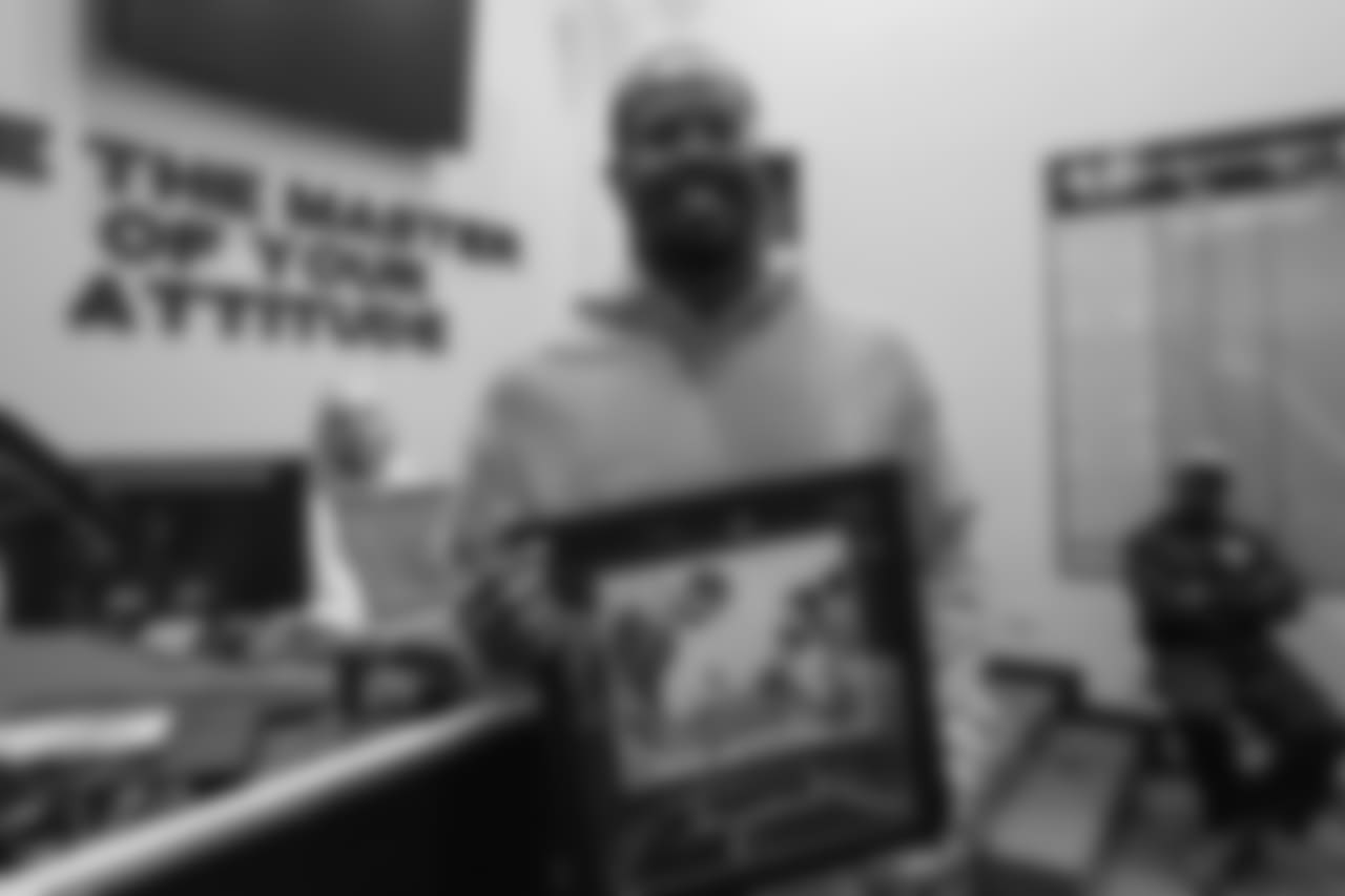 Von Miller at a team meeting to announce community award winners at UCHealth Training Center on December 7, 2017.