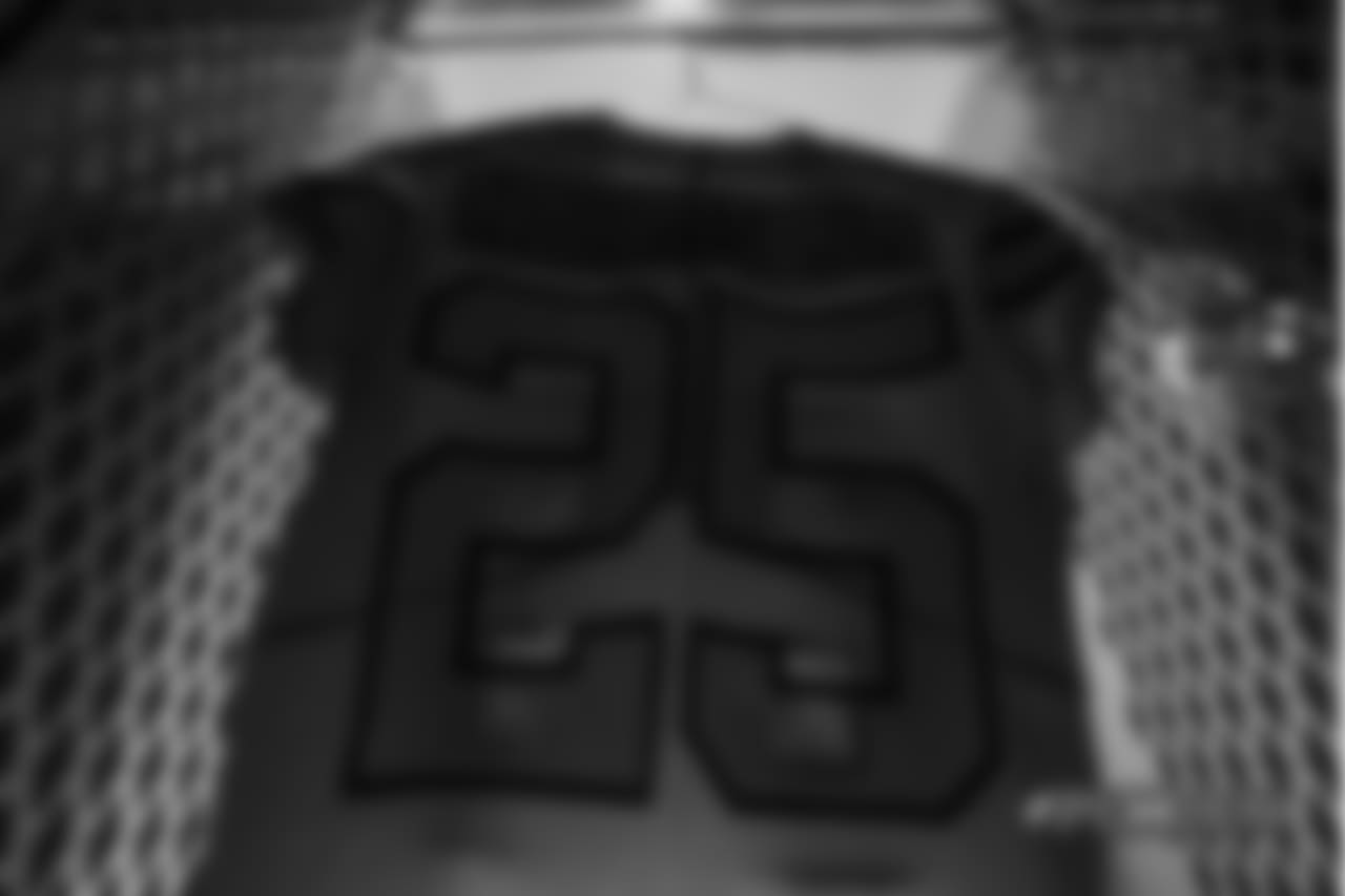 A close-up look at the Broncos' Color Rush jerseys during a photoshoot on November 20, 2018.
