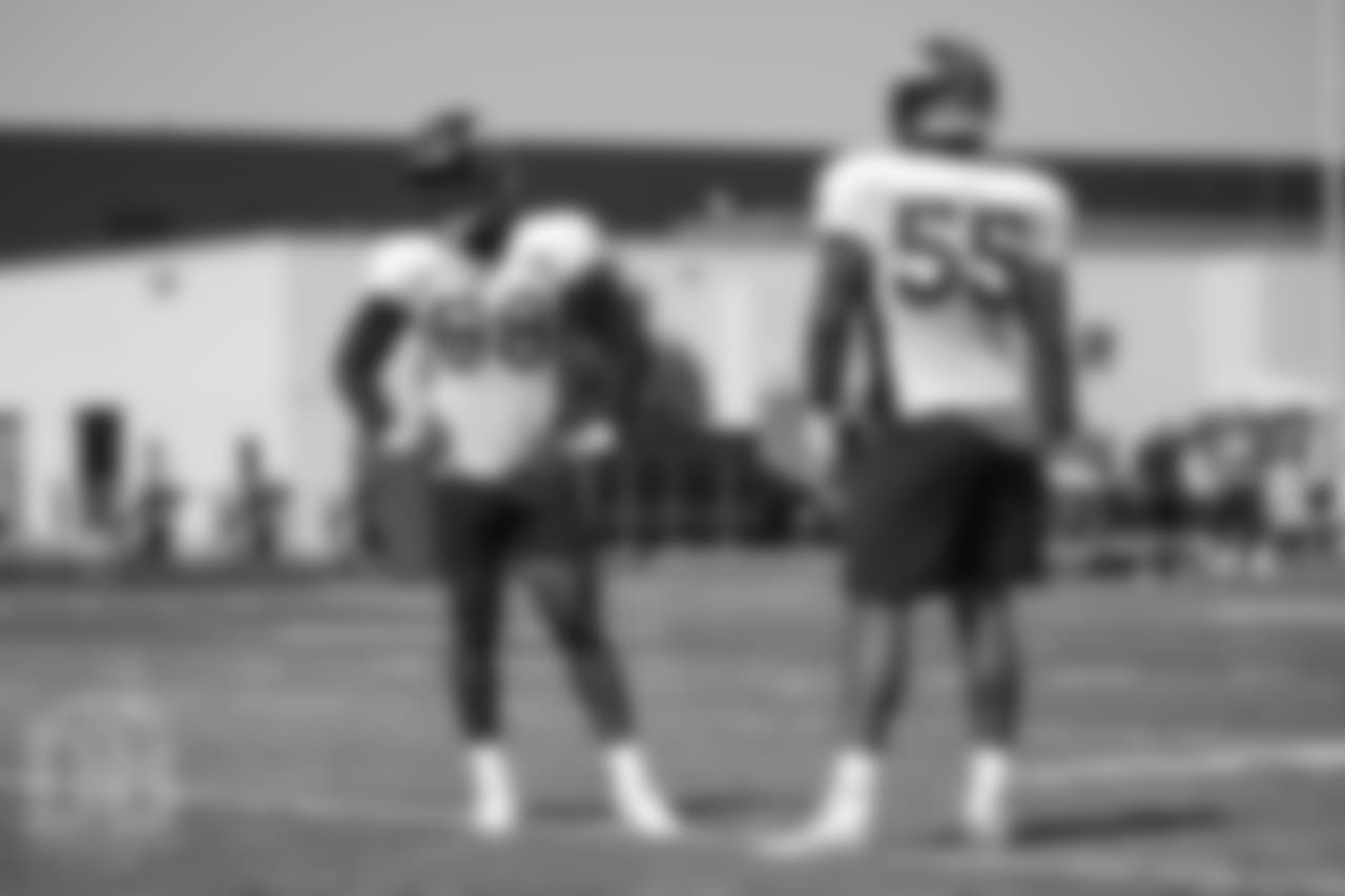Outside linebacker Von Miller (58) and outside linebacker Bradley Chubb (55) during a practice at UCHealth Training Center on Aug. 13, 2018.