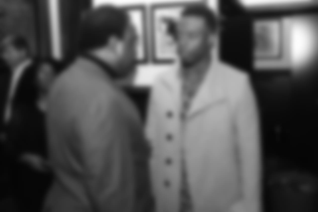 Brandon Marshall talks with an attendee during Shane Ray's 2nd Annual Rays Awareness Steak Dinner at 801 Chophouse in Denver on November 12, 2018.